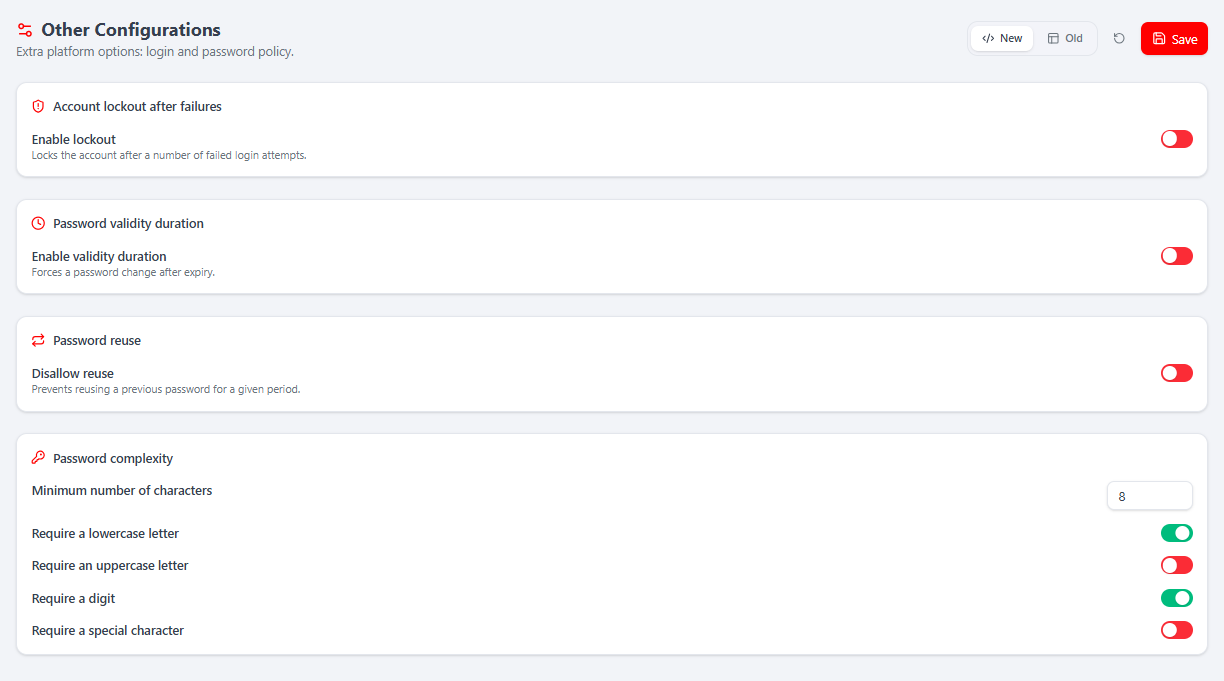 The Other Configurations page — lockout, password validity, reuse and complexity toggles