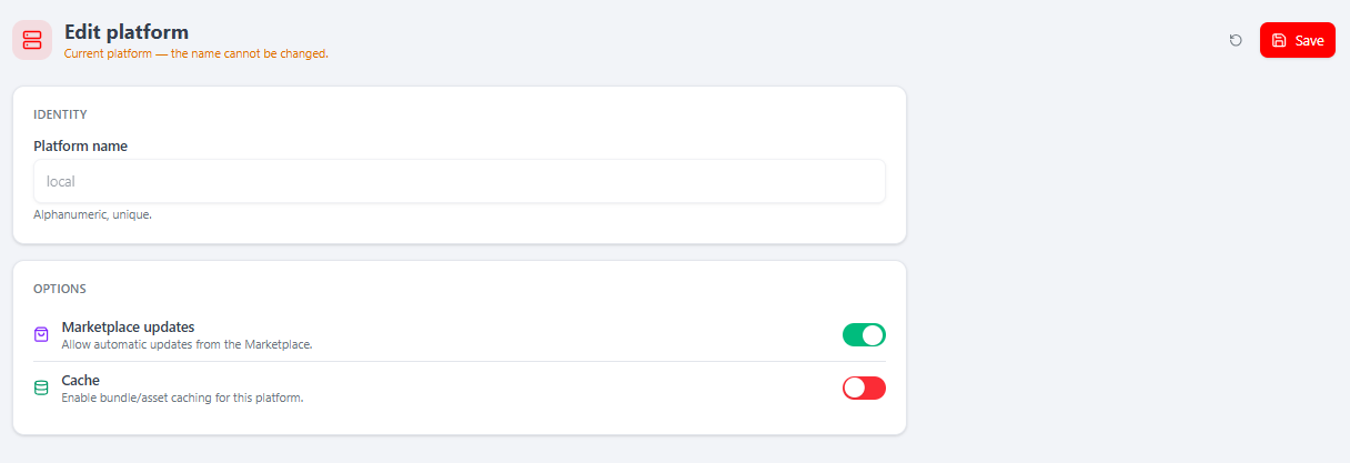 The platform editor — name (locked for the current platform), Marketplace updates and Cache toggles
