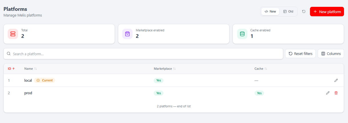The Platforms list — the "current" platform flagged, Marketplace/Cache columns, per-row edit/delete