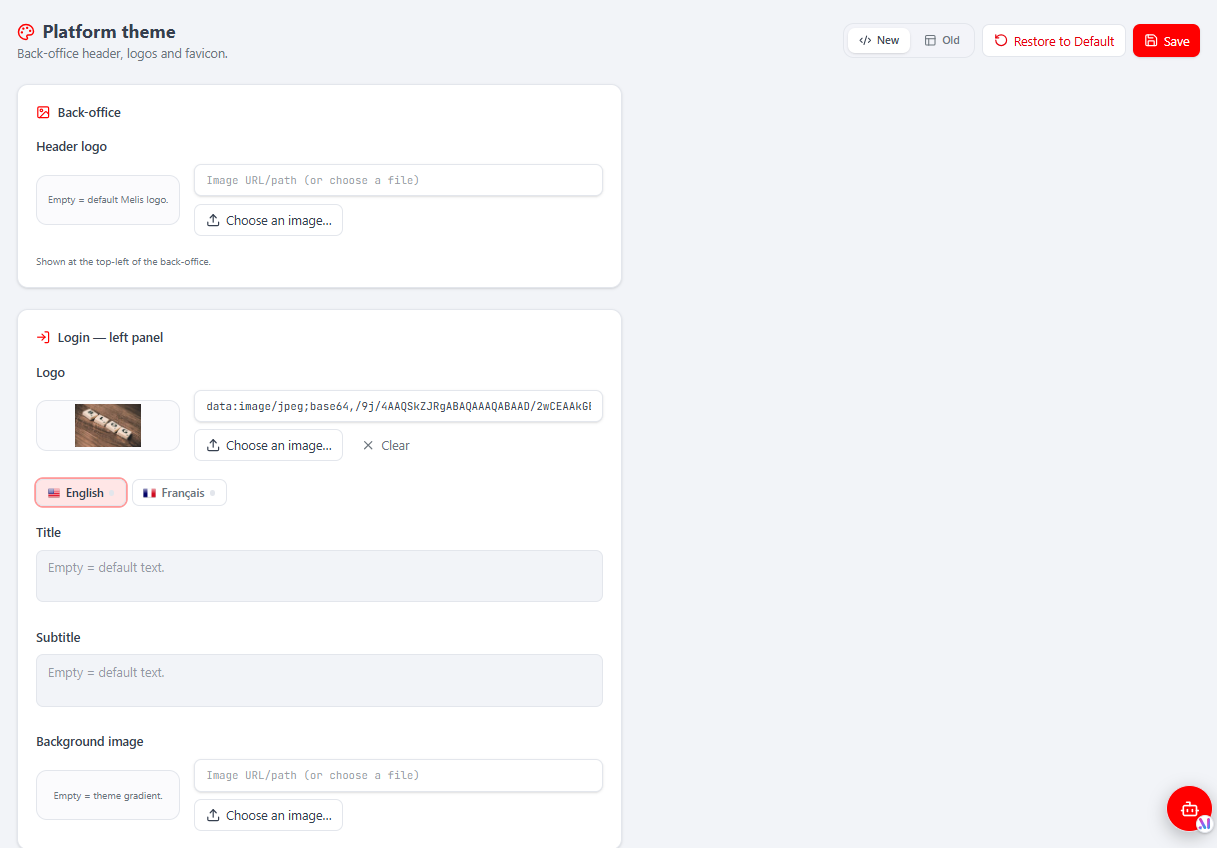 The Platform theme page — back-office header logo and the login left-panel branding