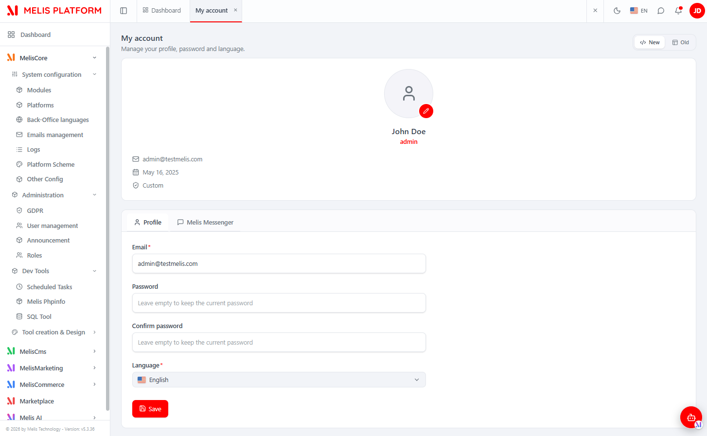 The "My account" page — avatar, identity summary and a Profile tab (email / password / language)