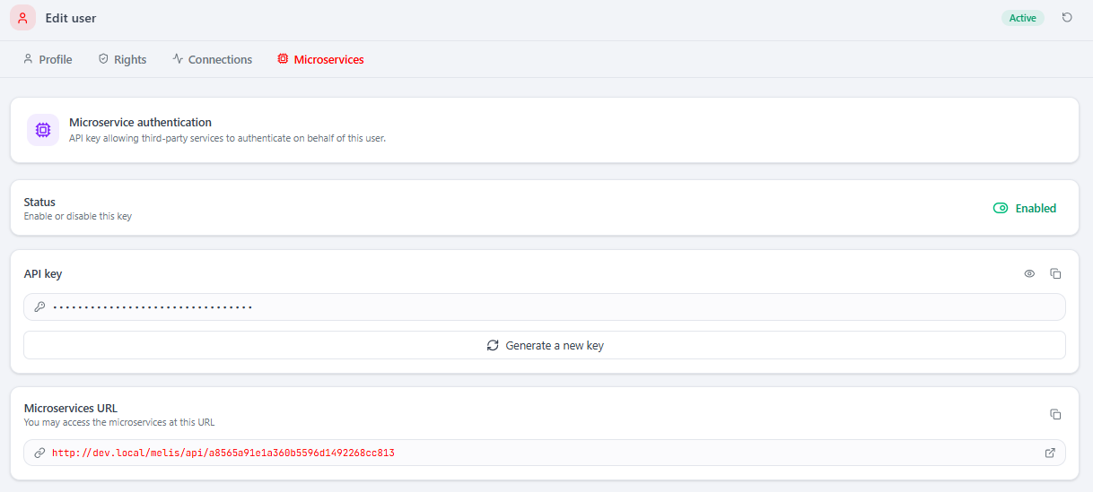 A generated API key — enable/disable toggle, masked key with show/copy/regenerate, and the microservice URL