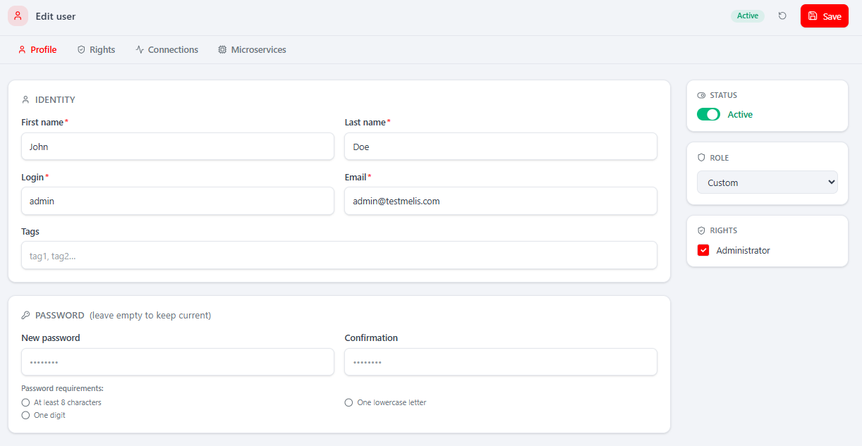 The Profile tab — identity, tags, Status/Role/Rights cards and a password field with live requirements