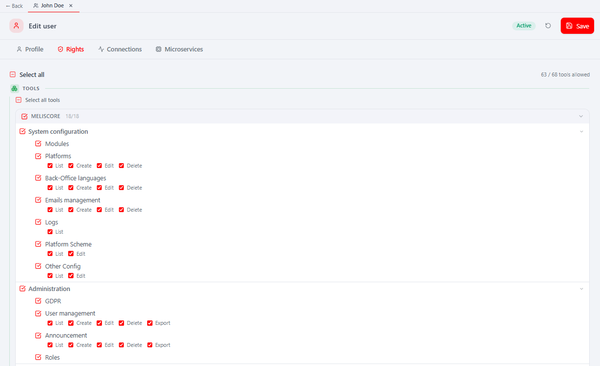 The rights tree — per-section tallies and per-tool capability checkboxes