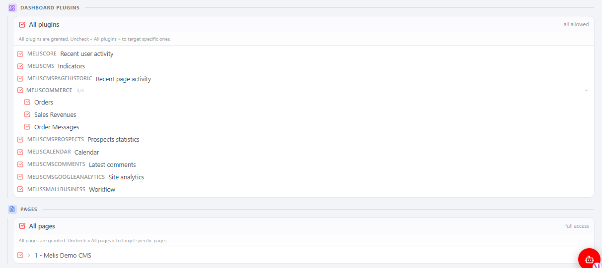 Lower in the Rights tab — the Dashboard Plugins panel and the Pages panel