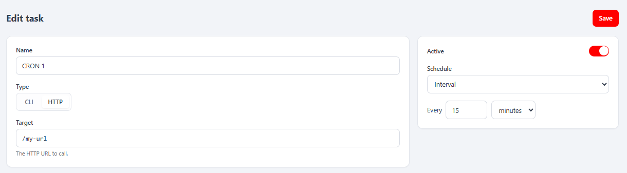 Editing "CRON 1" (an HTTP task with target /my-url, every 15 minutes) — the same two-panel form, pre-filled from the task