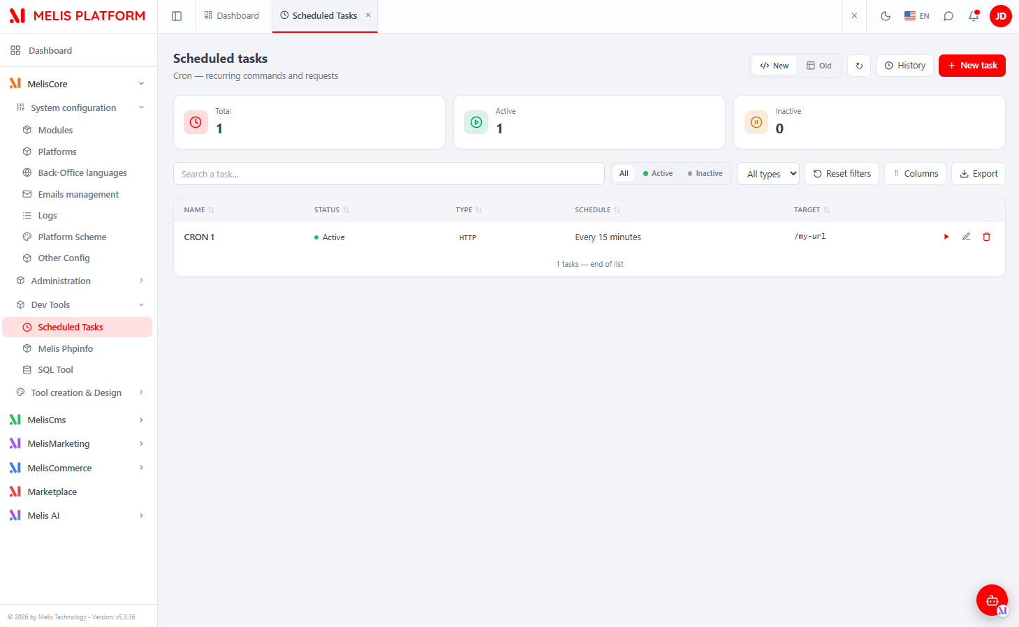 The React Cron tool: KPI cards, search, status and type filters, Columns, Export, the New/Old toggle, History and + New task, with per-row Run/edit/delete actions