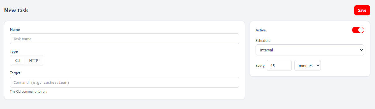 The React New-task form — Name, Type (CLI/HTTP), Target with a type-aware hint, and the Options panel with the Active toggle and the Schedule editor (Interval — every 15 minutes)