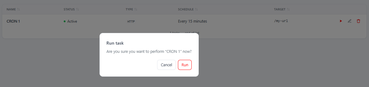 The "Run task" confirmation dialog — "Are you sure you want to perform 'CRON 1' now?" with Cancel / Run