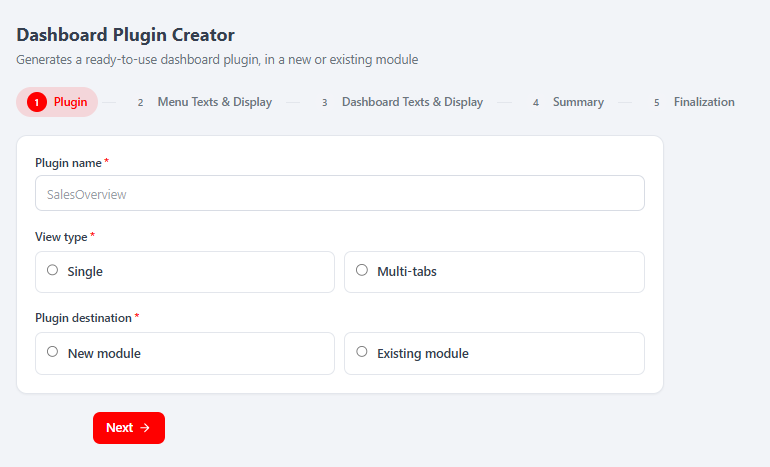 Dashboard Plugin Creator — Étape 1 (Plugin)