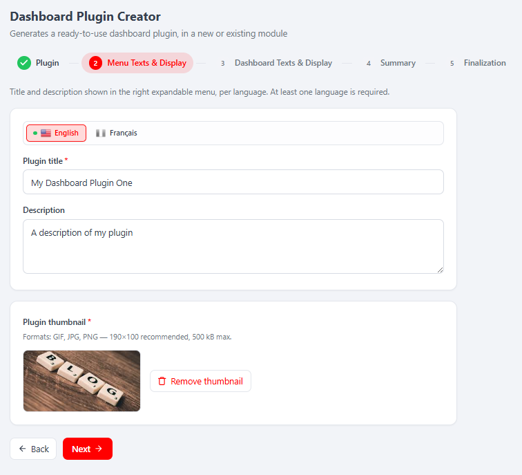 Step 2 — Menu Texts & Display: per-language title/description (English / Français) plus the required Plugin thumbnail with preview and Remove