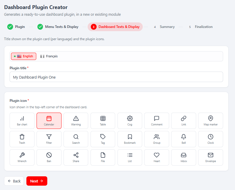 Dashboard Plugin Creator — Step 3 (card title + icons)