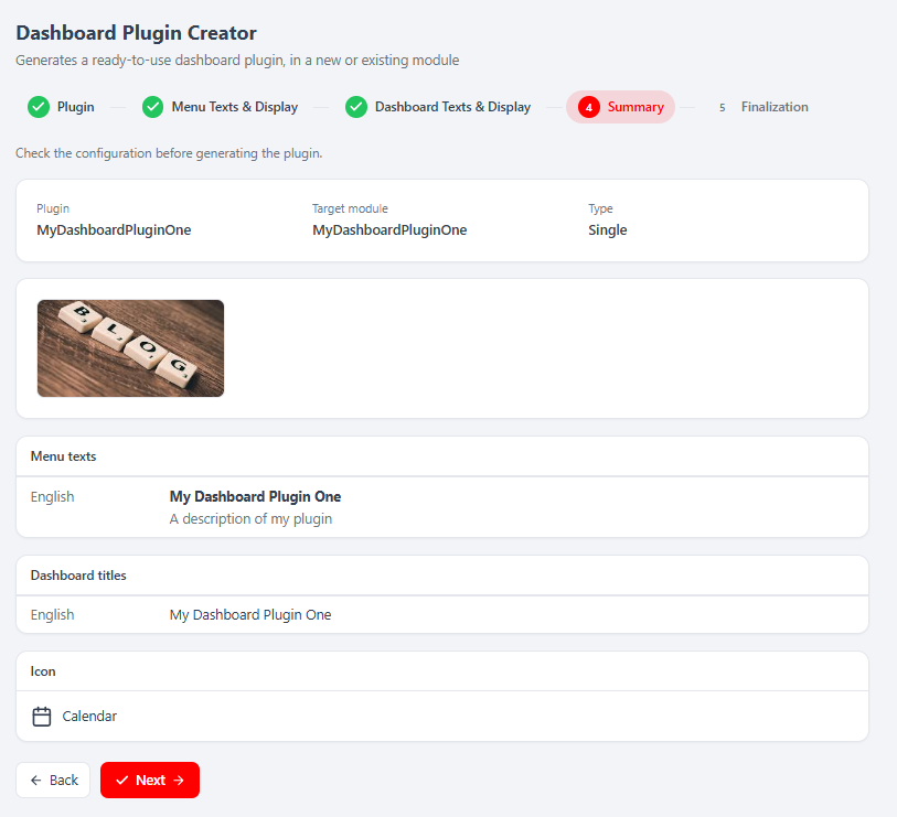 Step 4 — Summary: read-only recap of Plugin / Target module / Type, the thumbnail, Menu texts, Dashboard titles and Icon before generating