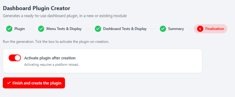Step 5 — Finalization: the "Activate plugin after creation" toggle and the "Finish and create the plugin" button that runs the generation