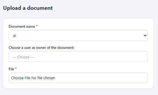 Uploaded-document form (React sub-tab): pick the owner, the Document name, the file, then Save.