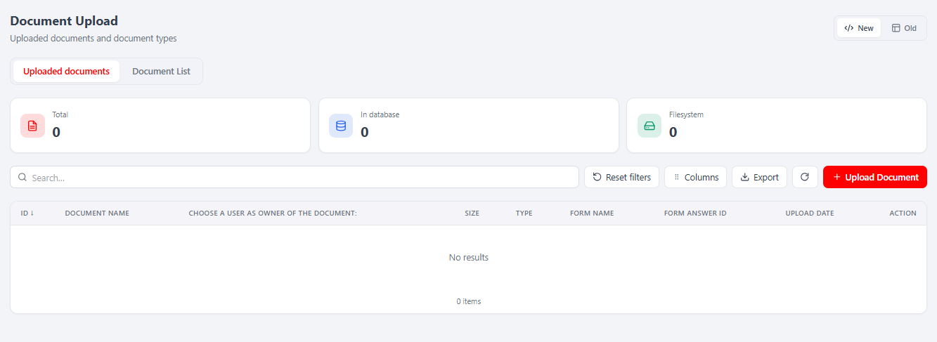 The Uploaded documents tab (React): uploaded-files list with KPI cards, search, column manager and the New/Old toggle.