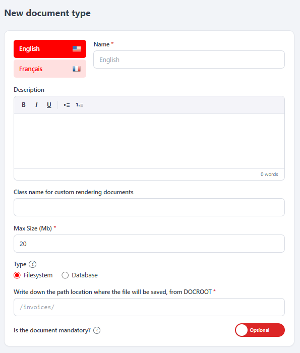Document-type form (React sub-tab): Name per language, custom class, Max Size, storage Type + path, mandatory toggle.