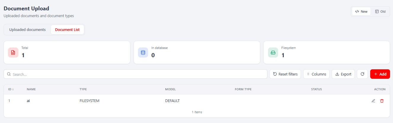 The Document List tab (React): document-type definitions with KPI cards, column manager and export.