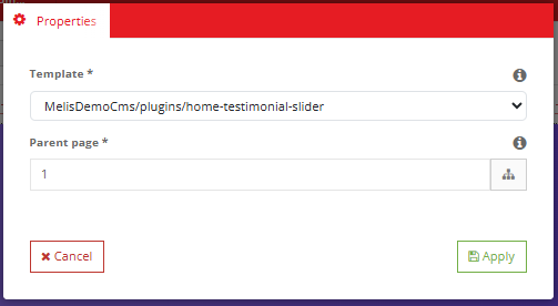 List-from-folder Properties modal with Template and Parent page fields