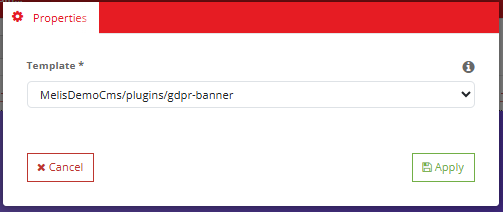 GDPR banner Properties modal with a single Template field