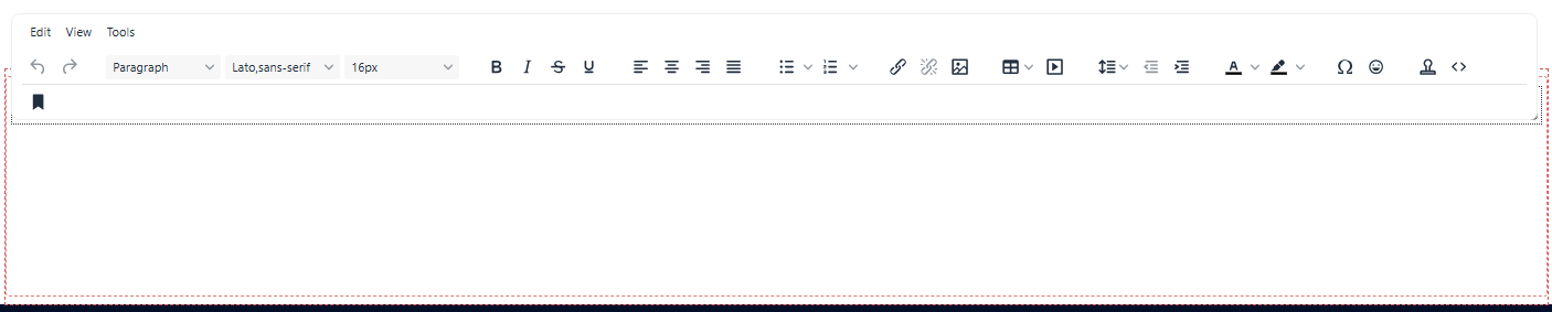 An HTML (Text) block edited in place, with the WYSIWYG toolbar on the page.