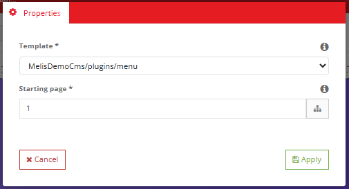 Menu block Properties modal with Template and Starting page fields
