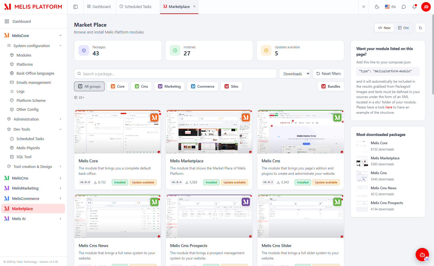 React Market Place catalogue: KPI cards, search, sort, group filters and the grid of module cards with a "Most downloaded packages" sidebar