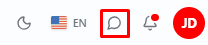 The top-bar messenger icon (highlighted) sitting next to the language switcher and the other header widgets; a red badge appears on it when you have unread messages.