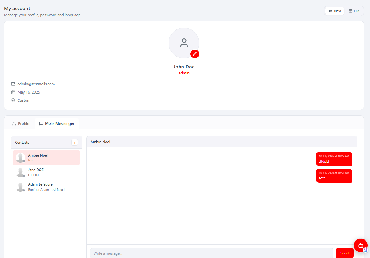 The React "Melis Messenger" tab inside My Account — the Contacts list (with "+" to start a new conversation), the selected conversation's thread of message bubbles, and the "Write a message… / Send" composer. The New/Old toggle (top-right) can fall back to the legacy profile.
