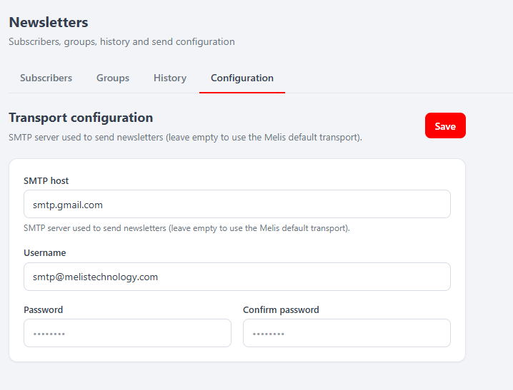 The Configuration tab in the React Newsletter tool