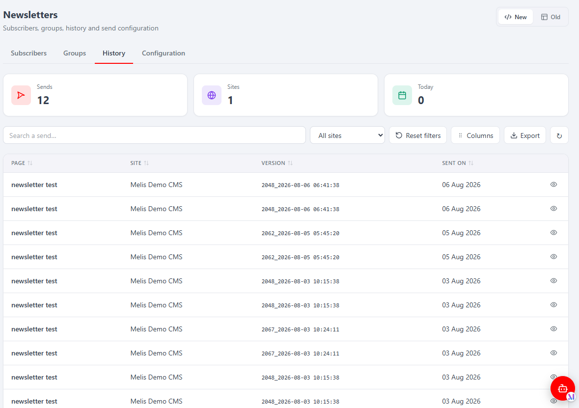 The History tab in the React Newsletter tool