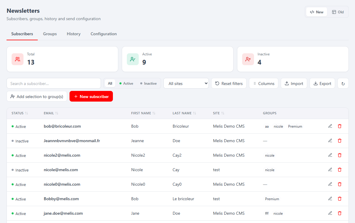 The Subscribers tab in the React Newsletter tool