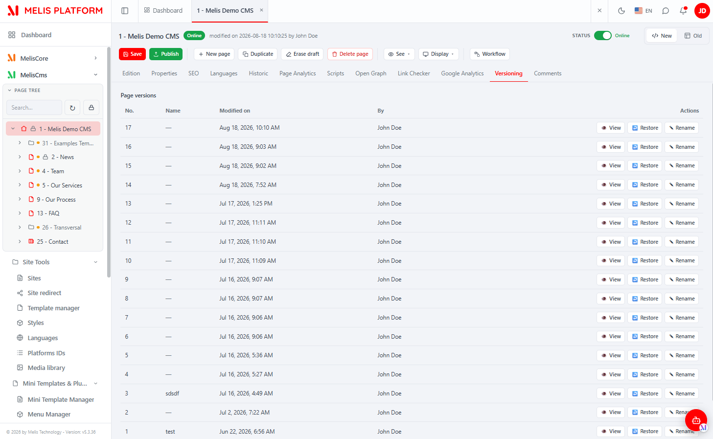 Page editor — Versioning tab