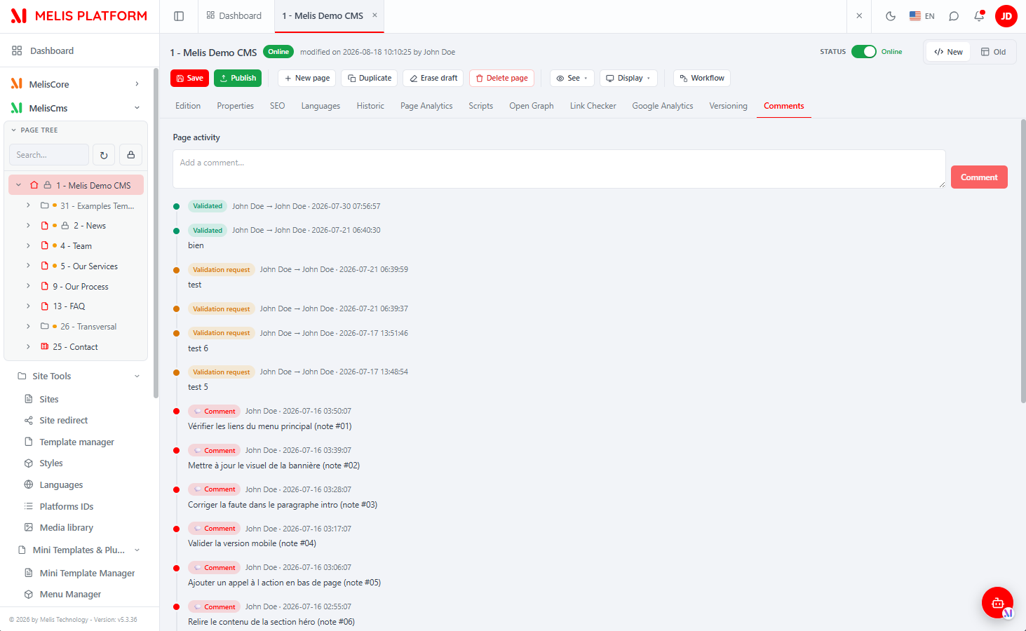 Page editor — Comments tab