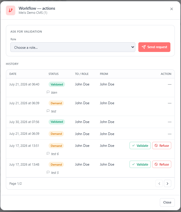Workflow modal — history with Validate/Refuse