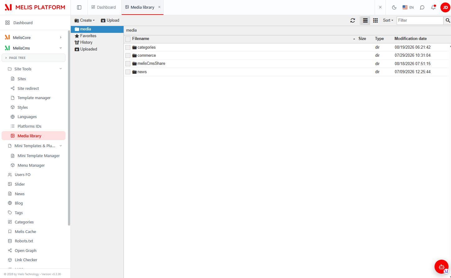 Media library — MoxieManager browser in a React tab