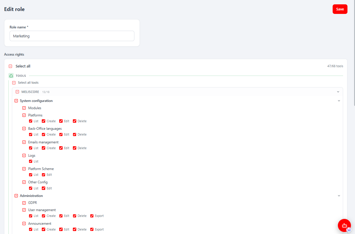 Role editor and its rights tree