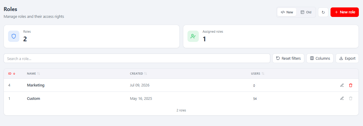 Roles list in the React back-office