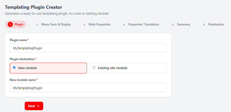 Step 1 (Plugin) of the React wizard: Plugin name, Plugin destination (New module / Existing site module) with a New module name field, the 6-step bar and the Next button