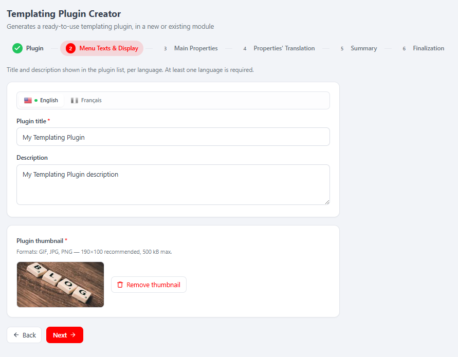 Step 2 (Menu Texts & Display): per-language title and description (English / Français) plus the required plugin thumbnail card with preview and Remove thumbnail