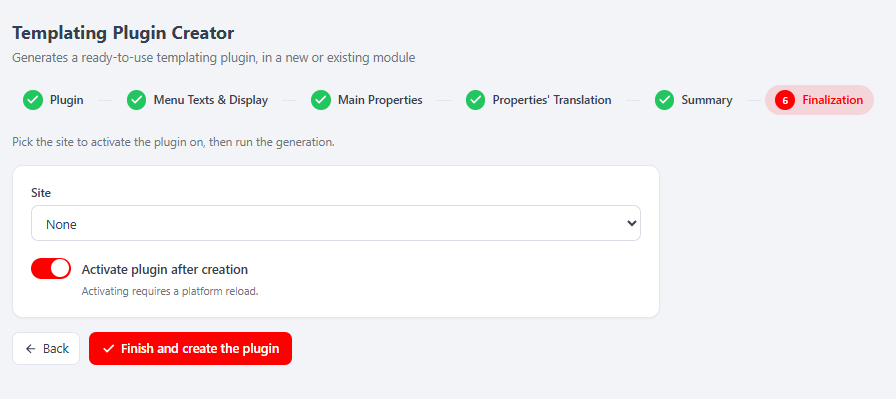 Templating Plugin Creator — Étape 6 (Finalization)
